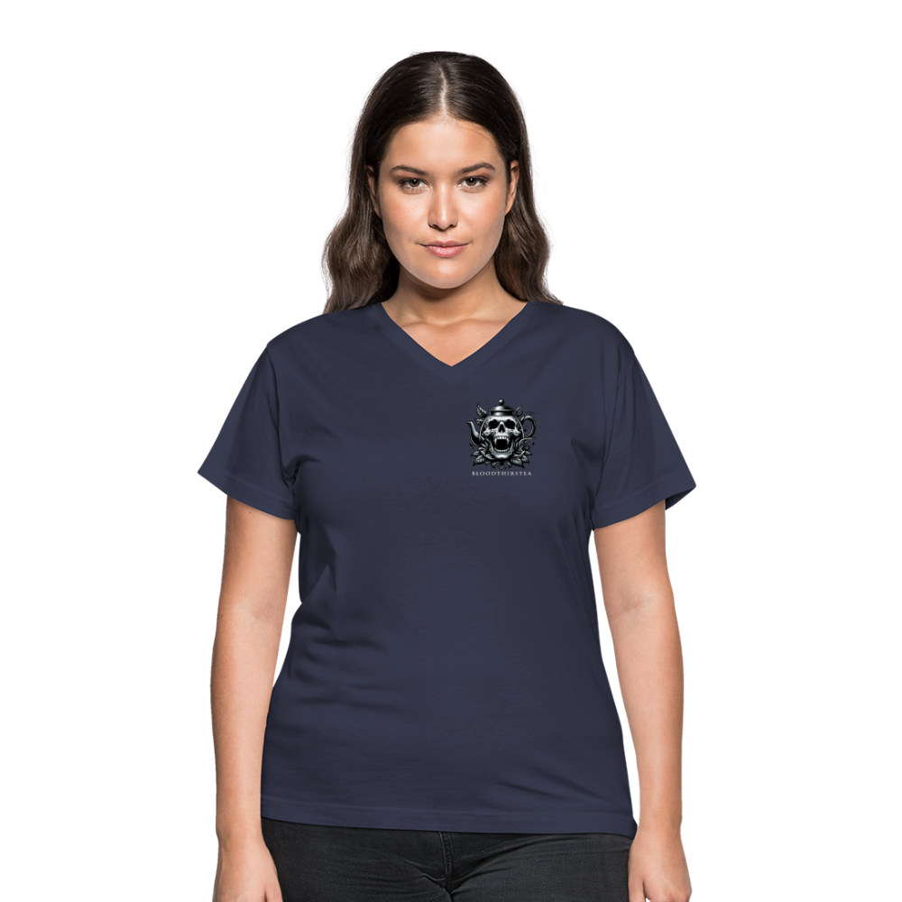 Extended Sizes - White Logo Women's V-Neck Tee - navy