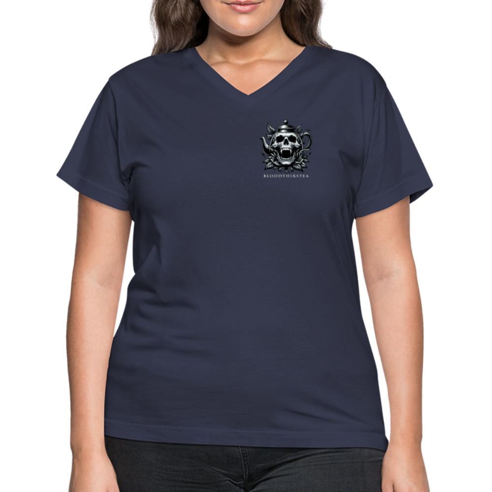 Extended Sizes - White Logo Women's V-Neck Tee - navy